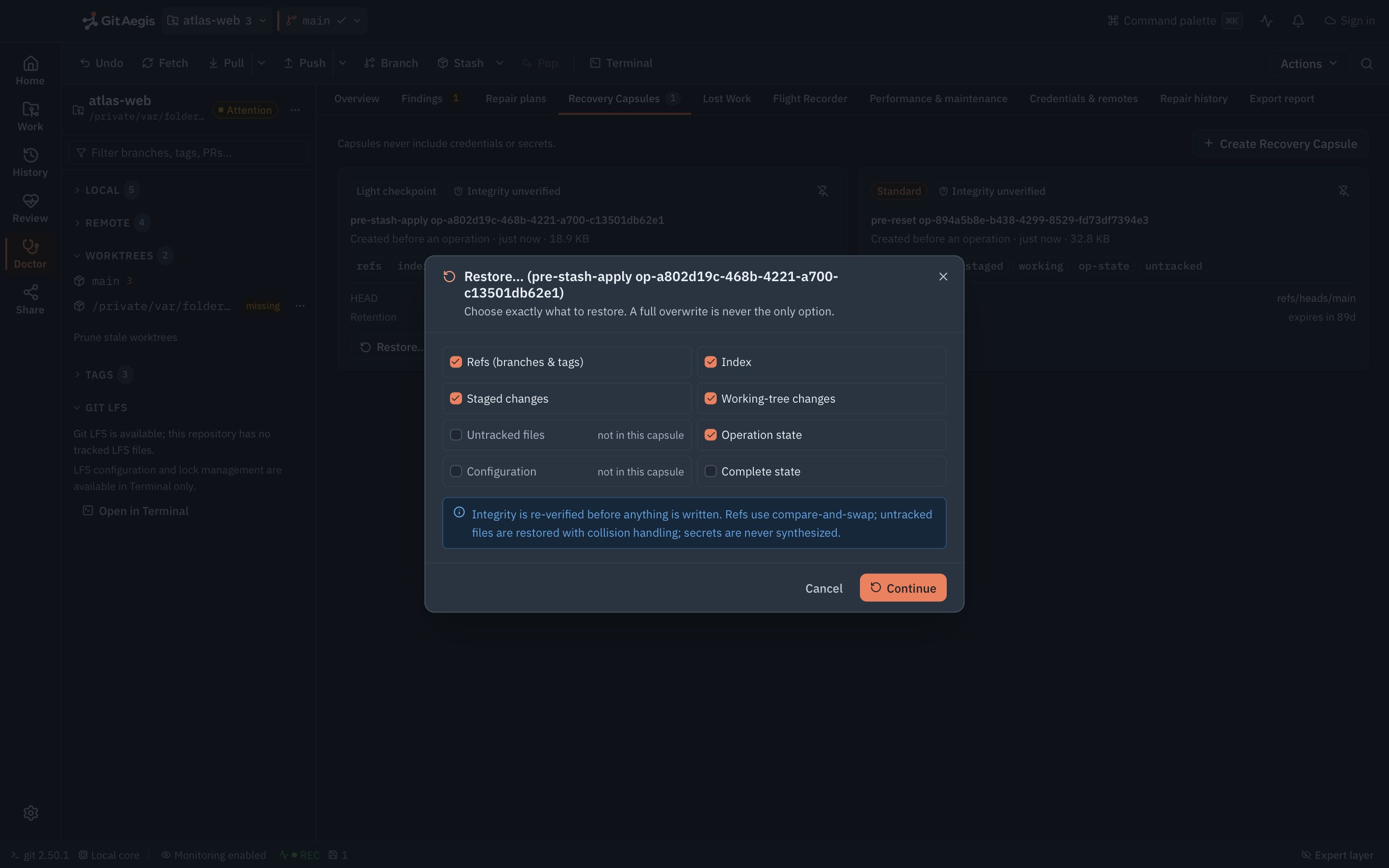 A recovery capsule in GitAegis, showing its six captured domains (refs, index, staged changes, working changes, untracked files and operation state) each independently selectable for restore.