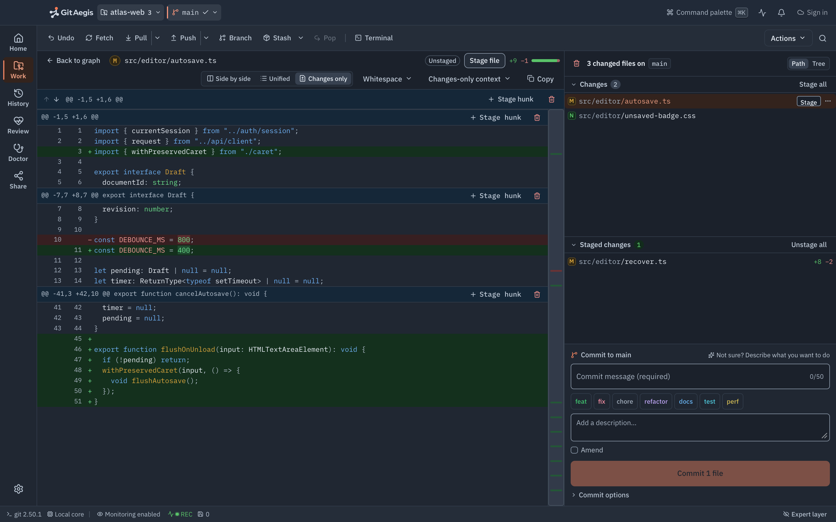 GitAegis Work mode, showing hunk-level staging beside a file diff, with the command strip displaying the exact Git invocation.